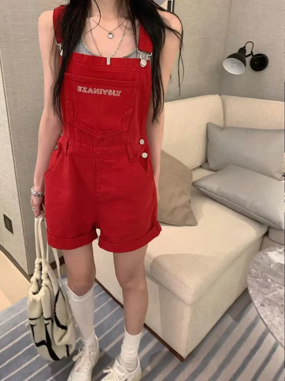 Overall Denim Merah Musim Panas Wanita Gaya Jalanan Retro Pakaian Kerja Kaki Lebar Tali Pinggang Tinggi Bahan Denim Tipis