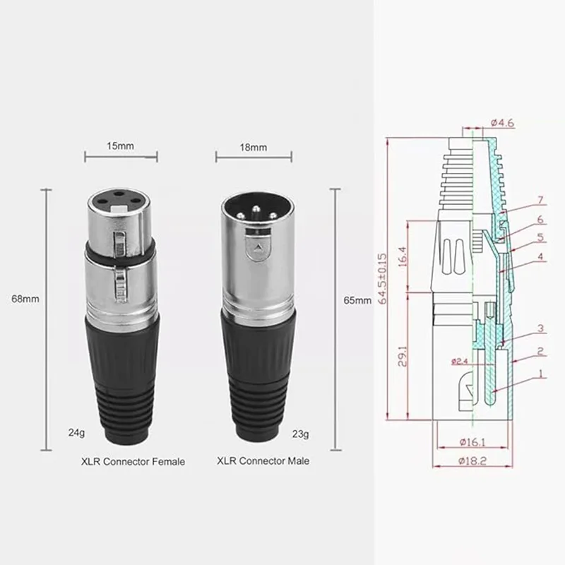 3/5 Pin XLR Male and Female Connector XLR Audio Sockett Jack Microphone Connector Metal Housing Copper Contacts Mic Cable Plug