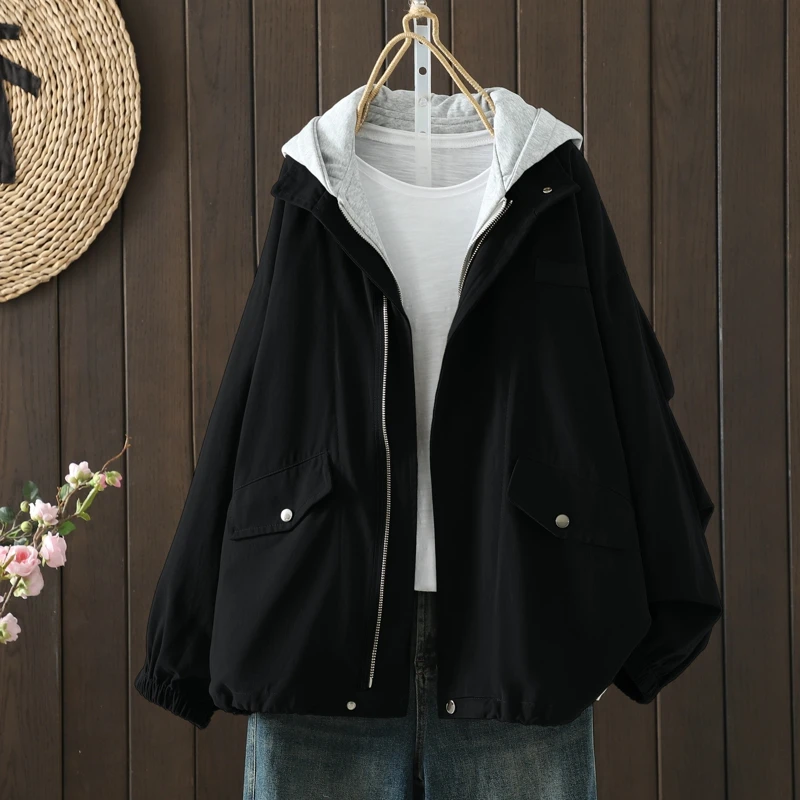 

Женское утягивающее пальто с капюшоном больших размеров, свободное длинное пальто на молнии на молнии, повседневная одежда из хлопка и полиэстера