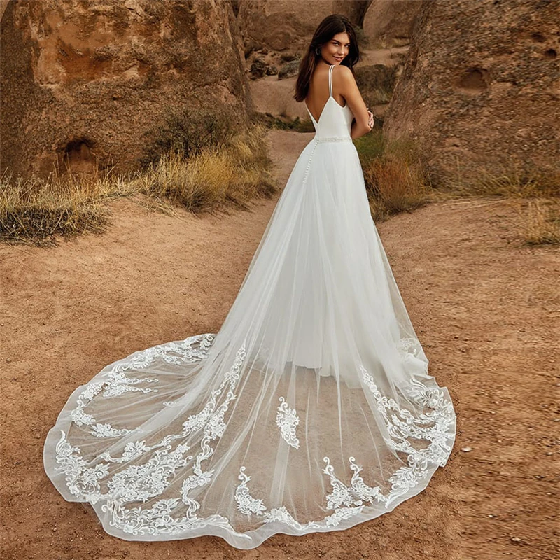 Romantic 2 In 1 Jumpsuit With Detachable Skirt Two Pieces Bridal Dress Pants Suit For Women Lace Tulle V-Neck Sweep Train
