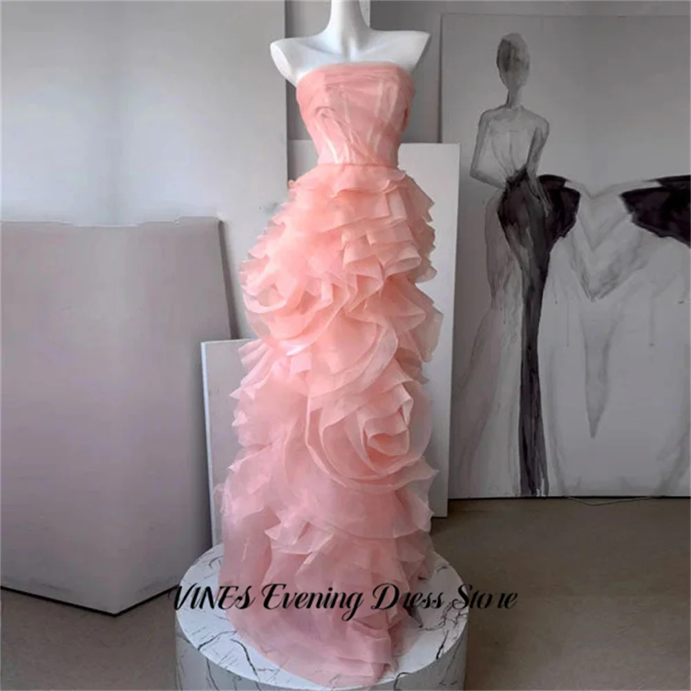 

VINES Pink Organza Evening Dress Strapless Prom Dresses with 3D Floral Rose Celebrity Dress Zipper Back 프롬 드레스 Customized