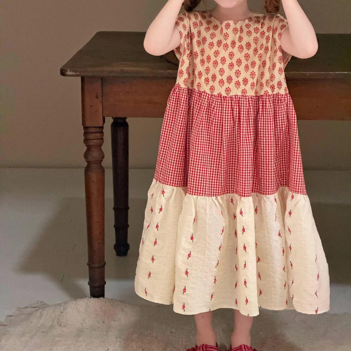 Mädchen Baumwoll-Stufenkleid 2026 Sommer Blumendruck Lässiges Lockeres A-Linien Kurzarm-Kleid für Kinder Teenager-Kostüm 3-10 Jahre