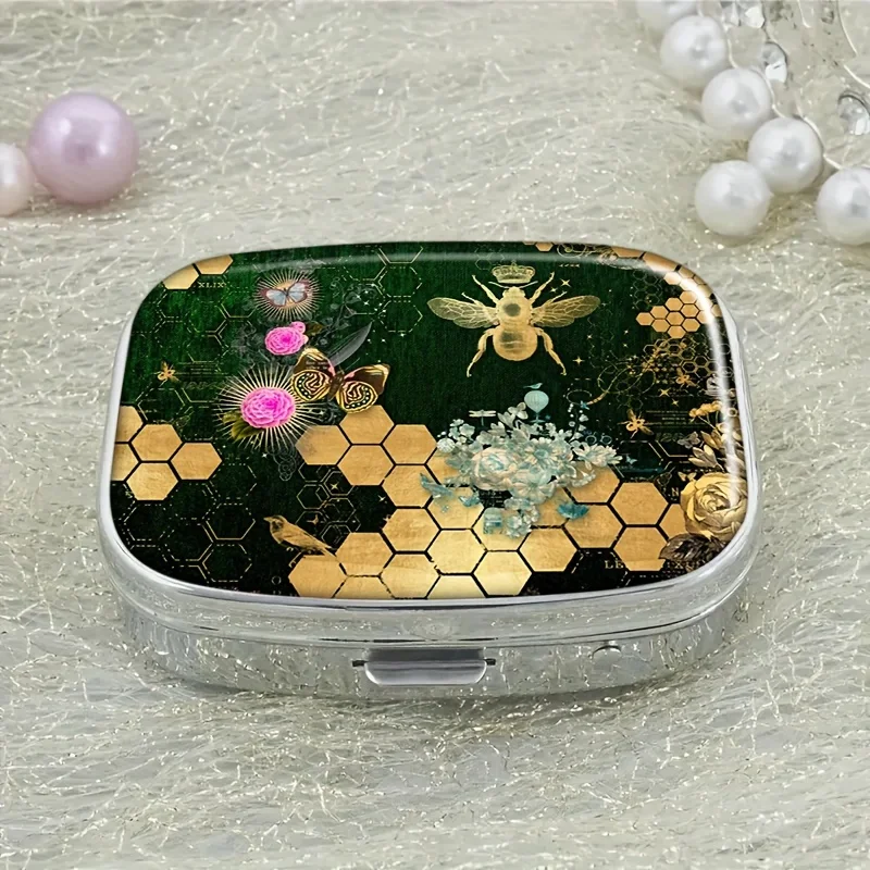 French Chic Victoria Bee Flower Pill Box, 2 Compartment Pill Boxes, Rectangular Box, Vitamin Pill Organizer for Pocket Purse