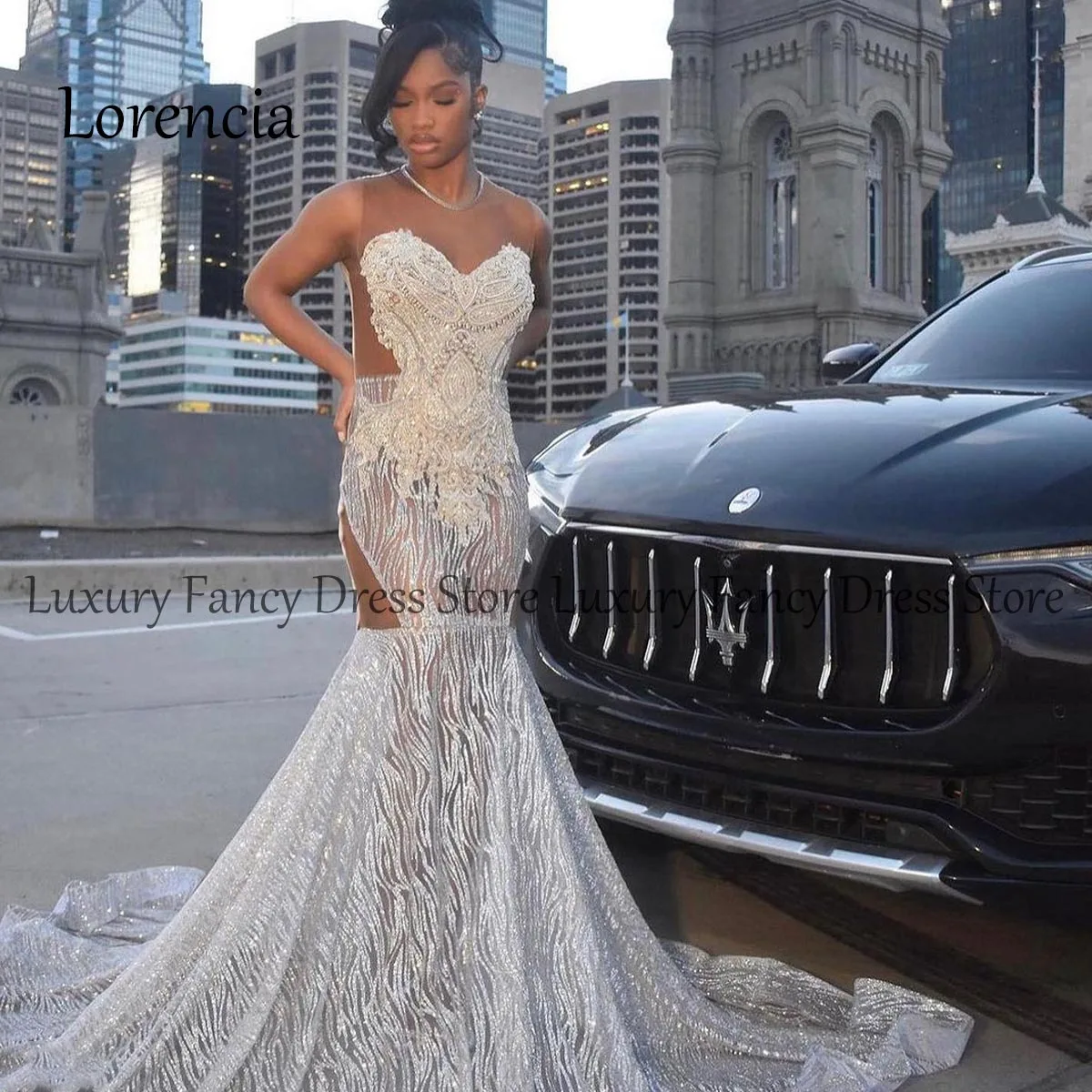 

Customized Formal Diamonds Prom Dress Glitter Crystals Beads Sequins Birthday Wedding Party Gown Evening Gown Court Train