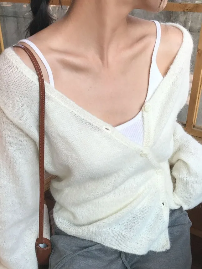 Chic Long Sve Soft Thin Women's Open Cardigan Korean Sle Knitted Sweater oulder Baring High Quali Autumn Faion Top