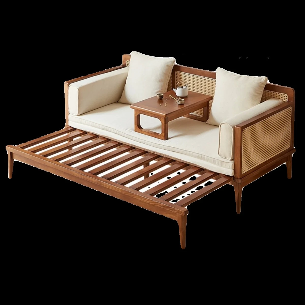 

Solid wood sofa bed Arhat bed Small apartment dual-purpose retractable sofa Log wind retro rattan decoration