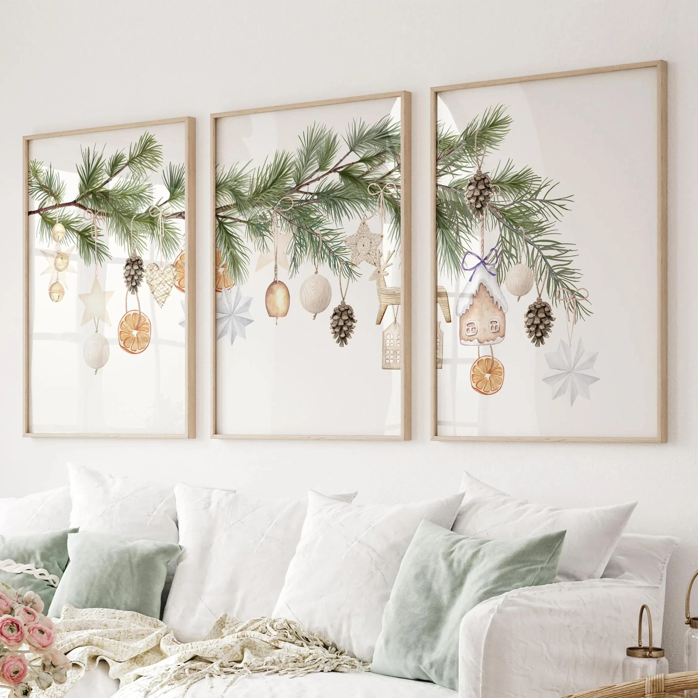Set of 3 Pine Branch Christmas Wall Art Prints, Xmas Ornament Orange Slice Gingerbread House Poster, Farmhouse Holiday Decor