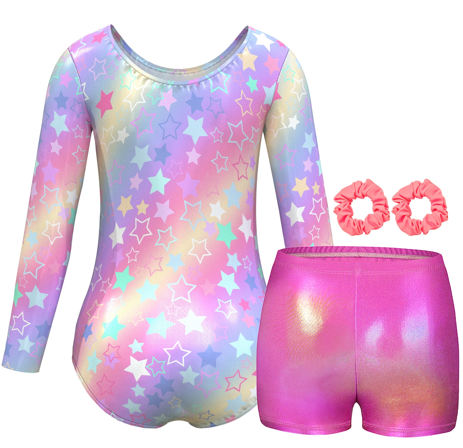 Girls Gymnastics Leotards Long Sleeve Shiny Colorful Shiny Tumbling Dance Leotard with Shorts and Hairband for Dance Gymnastics