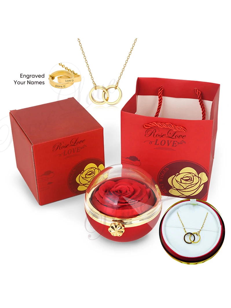 

New Surprise Gift Idea Preserved Rose Round Ring or Necklace Jewelry Gift Box with Engraved Name Necklace for Girl Friend Mum