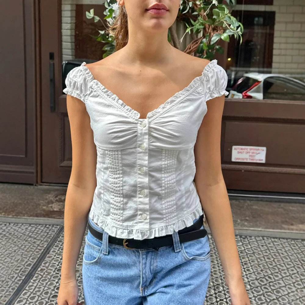 

Shirts Spring Summer Cute Skinny Fit Stringy Selvedge Single Breasted Cap Sleeve V-Neck Daily Shirts For Women