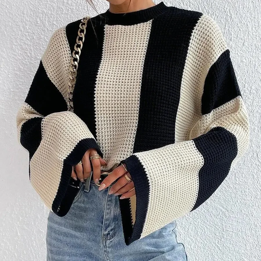 Women O-neck Sweater Kintted Khaki Pullovers Autumn Winter Flare Sleeve Y2k Sweaters Top Crochet Jumper Streetwear Jumpers