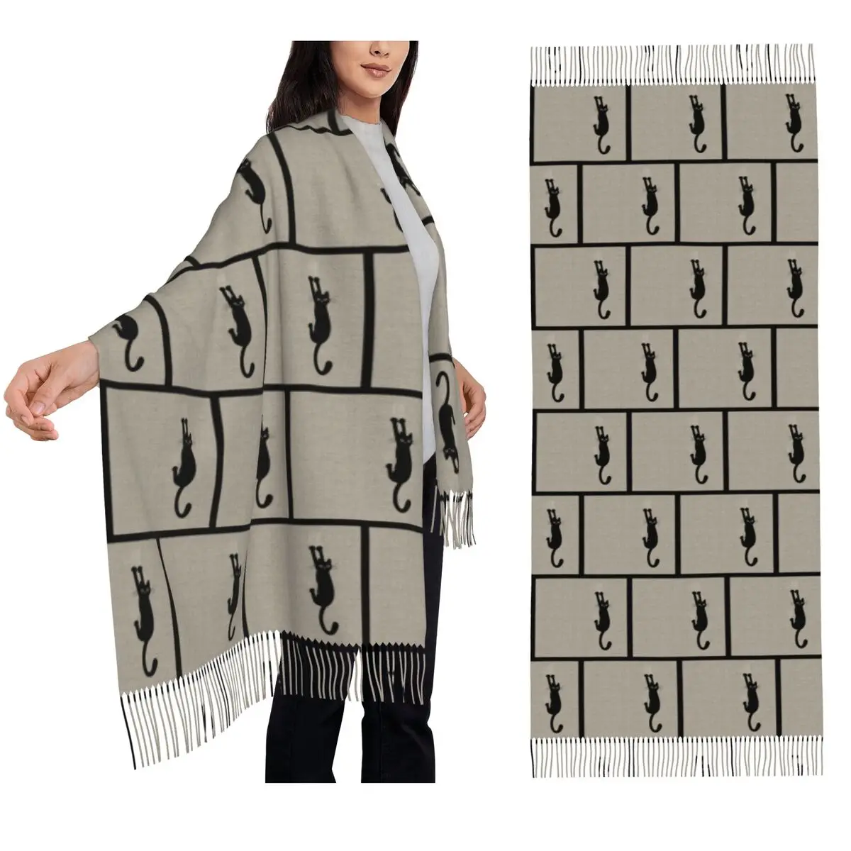 

Black Cat Holding On Scarf Tassel Scarves for Women Soft Warm Shawls and Wraps Large Fall Winter Shawl Wrap