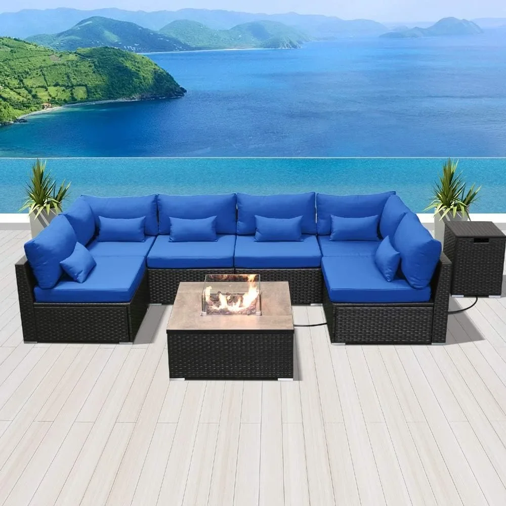 Sectional Sofa with Gas/Propane Fire Pit Table Outdoor Patio Furniture Sets