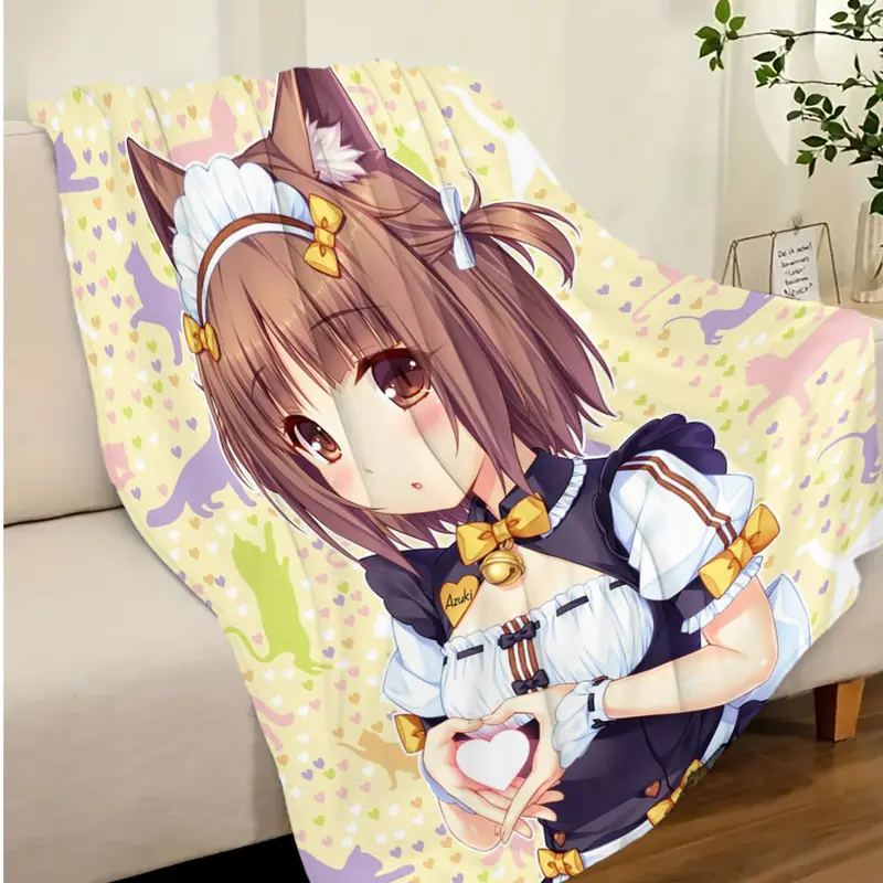 Nekopara Azuki Flannel Blanket, Cute Cat Girl Maid Throw Blanket for Bedroom Sofa Decor - Image 3