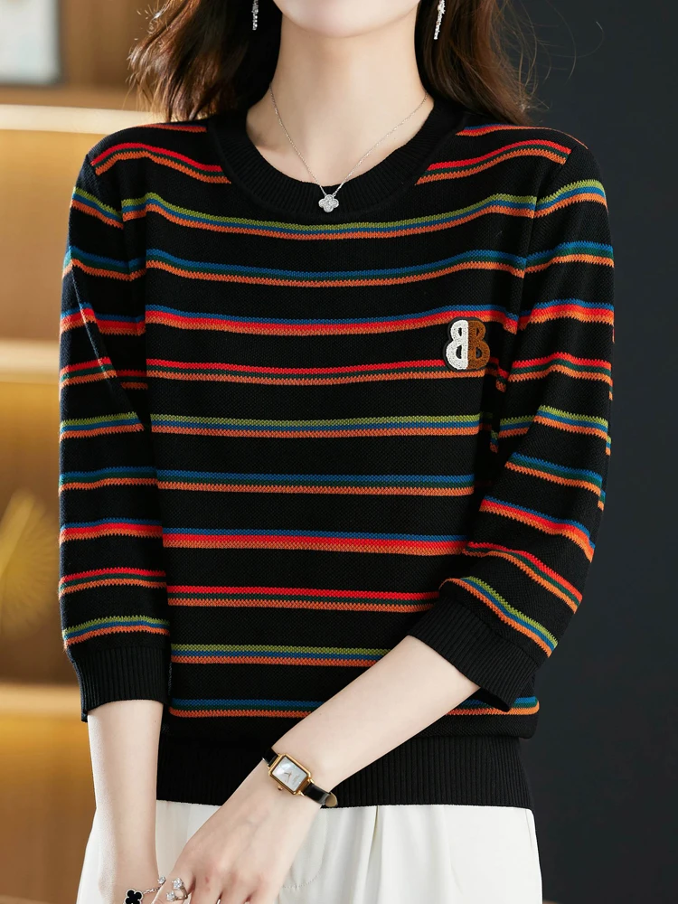 

Stripe Sweater Tops Spring Korean Fashion Women Clothing Half Sleeve Pullover Pull Femme Women's Sweaters