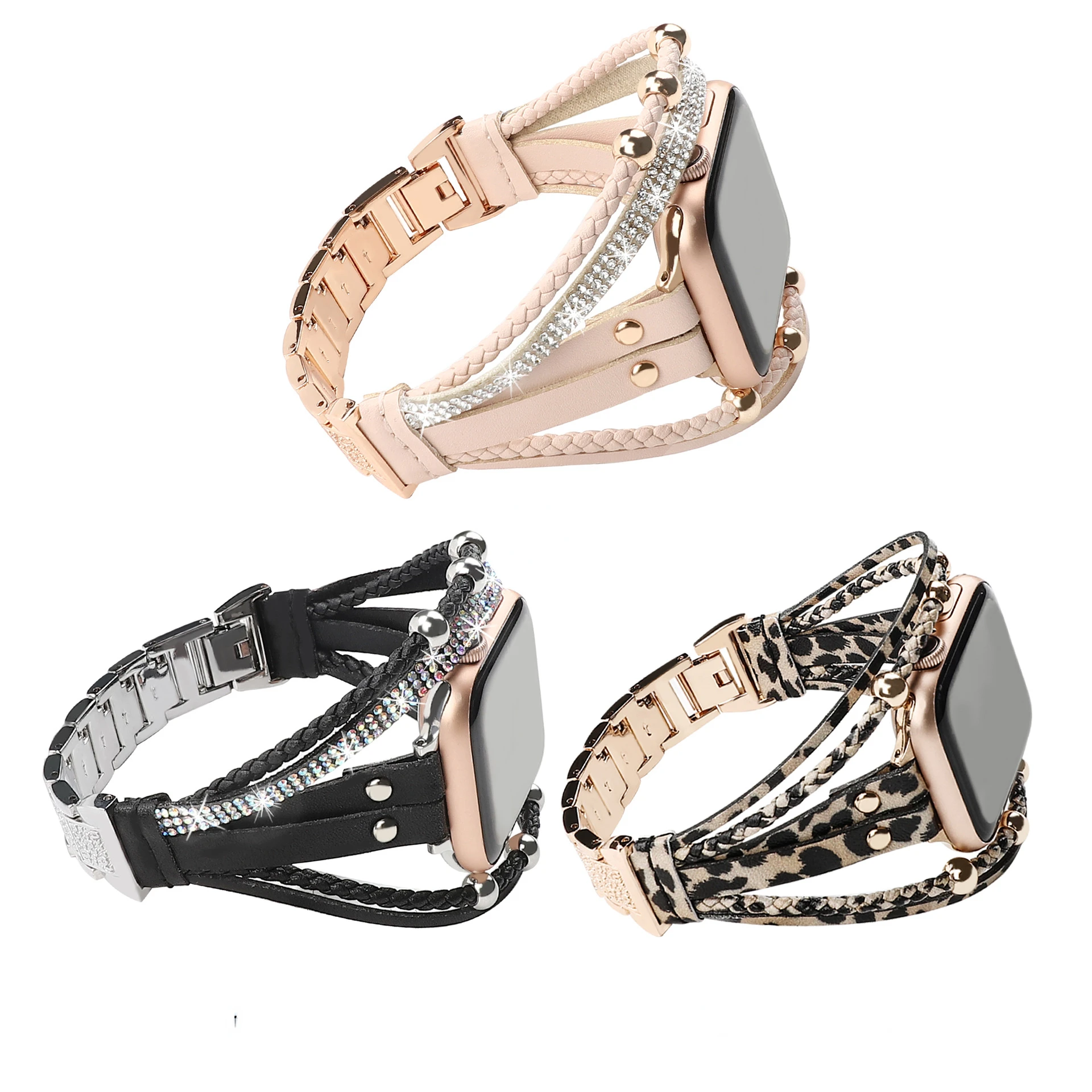 Diamond Ring-shaped Metal Strap For Apple Watch 49mm 45mm 41mm Smart Ladies Leather Bracelet For Iwatch Series 9 8 7 6 SE 5 4 3