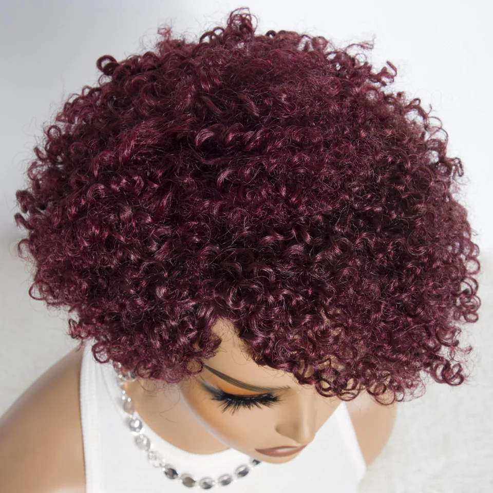 Lekker 99j Burg Red Short Pixie Cut Afro Kinky Curly Bob Human Hair Wigs For Women Brazilian Remy Hair Ready to Wear Colored Wig image 5