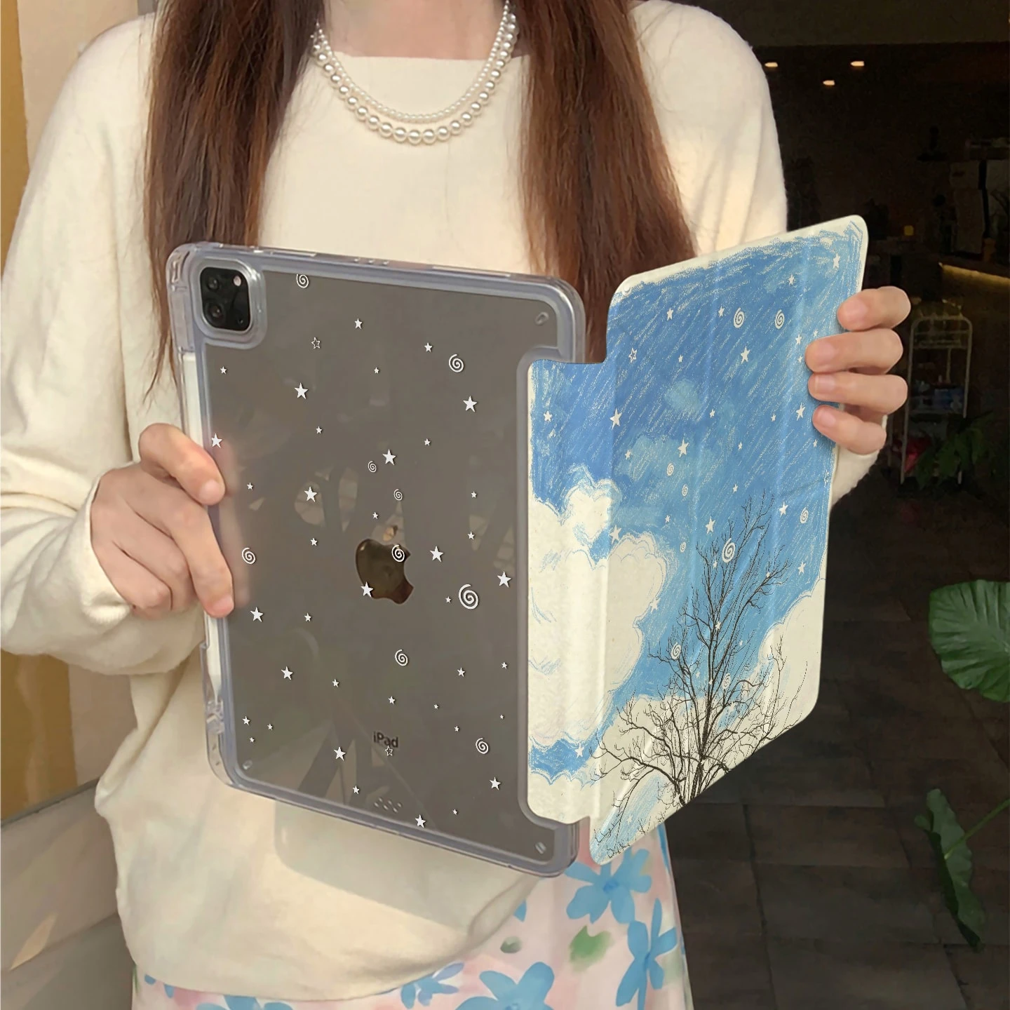 Ins Blue Sky White Cloud Tree Y2K Y-Fold Cover For iPad Pro 13 11th M5 M4 12.9 A16 10 8 7 9th 10th Air 11 M2 M3 Mini Tablet Case