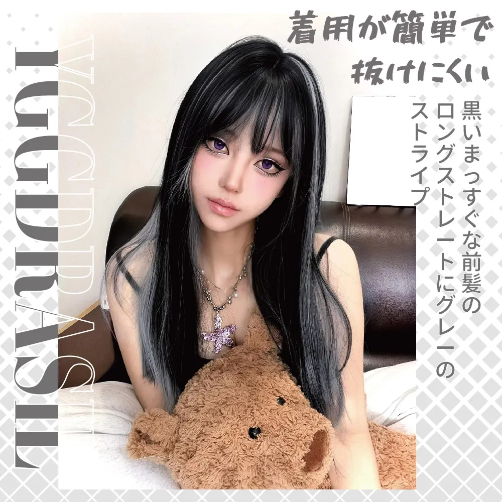 24 بوصة الأسود والرمادي القوطية نمط بيروكات صناعية مع الانفجارات متوسطة شعر طبيعي مستقيم شعر مستعار للنساء تأثيري مقاومة للحرارة #3