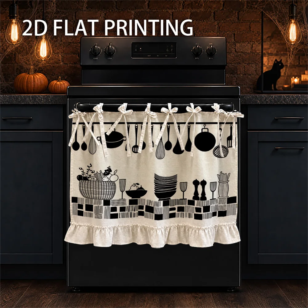 1PC kitchen stove curtain, cabinet curtain and apron. It is designed with 2D graphics and printed with kitchen utensils and tabl