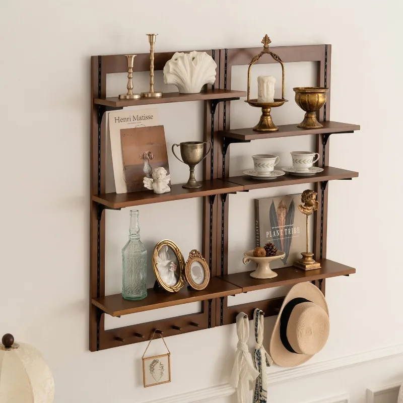 Mid Century Vintage Solid Wood Wall Shelf - Adjustable Modular Layer Display Rack for Home, Wall Mounted Storage - Space Saving