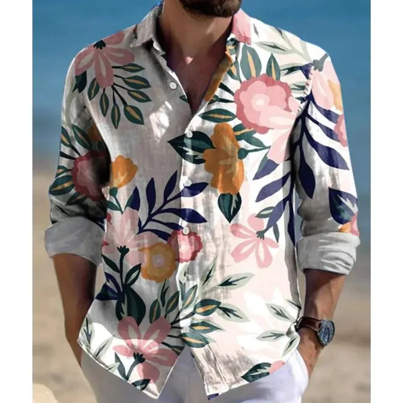 

Hawaii Men's Flower Print Long Sleeve Shirt Beach Fashion Lapel Men's Tops 2026 New Elegant Temperament Flower Clothes