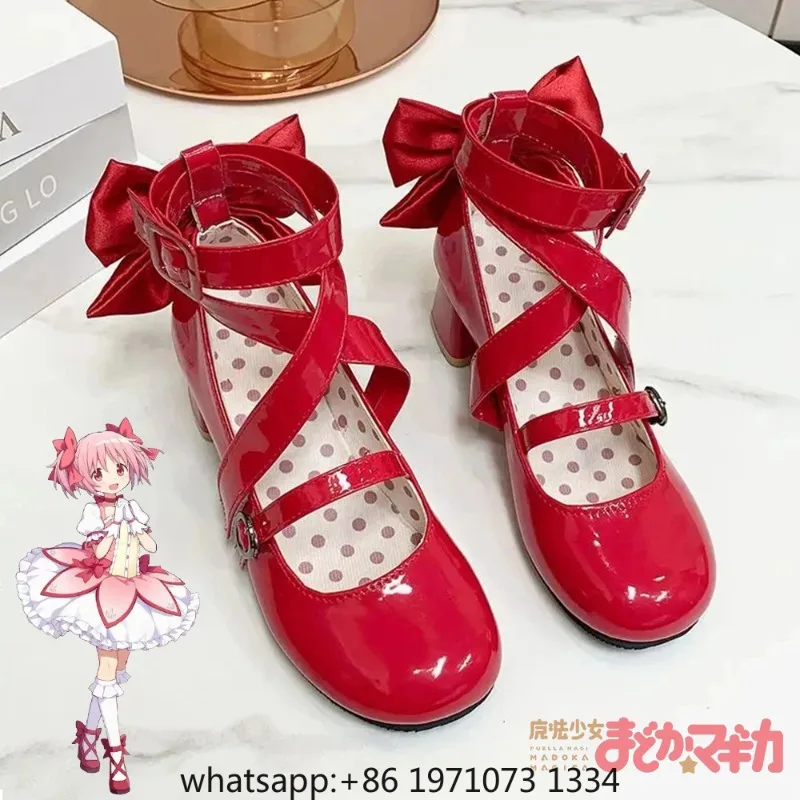 Anime Puella Magi Madoka Magica Kaname Madoka Cosplay Shoes Girls Lolita Red Bow High Heels Leather Boots Halloween Costume Prop