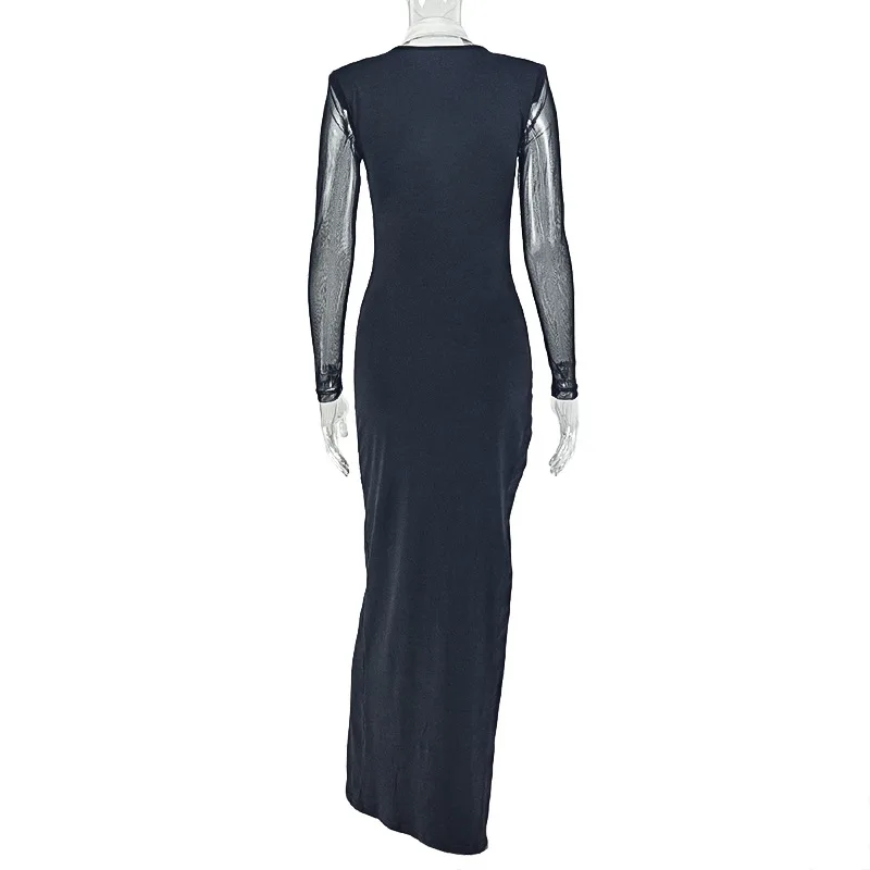STYLISH LADY Cut Out Elegant Dress 2025 Autumn Women Long Sleeve High Split Patchwork White Black OL Party Maxi Dresses