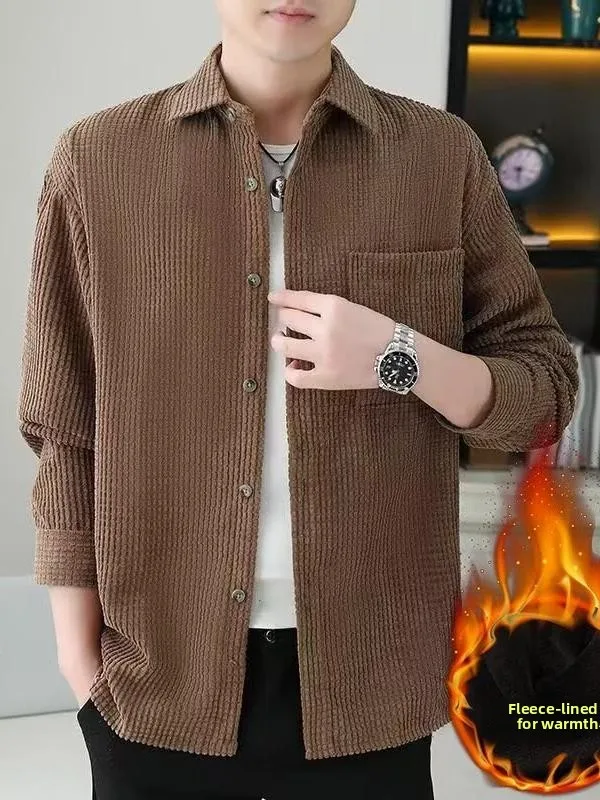 Men's Autumn Winter Corduroy Jacket Thickened Fleece Lined Shirt Style Outerwear Warm Youth Fashion Standard Fit Work Shirt