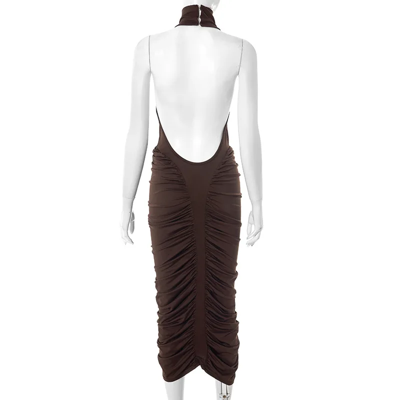 TARUXY Neckholder-Plissee-Maxikleid für Damen, ärmellos, sexy, rückenfreies Kleid, High Street, Abendparty-Kleidung, figurbetont, modisch – Detail 6