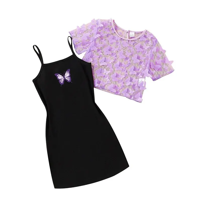 Robe et tee-shirt papillon pour filles, extensible, confortable, facile à entretenir, Kidedly, été, 2 pièces