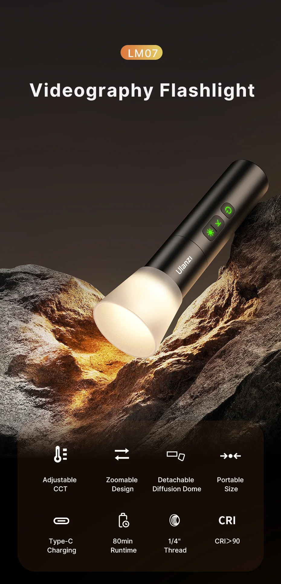 Ulanzi LM07 Videografie-Taschenlampe, 2000–8000 K, dimmbare Helligkeit, Outdoor-Fotografie-Licht mit Typ-C-Aufladung, wasserdicht – Detail 1