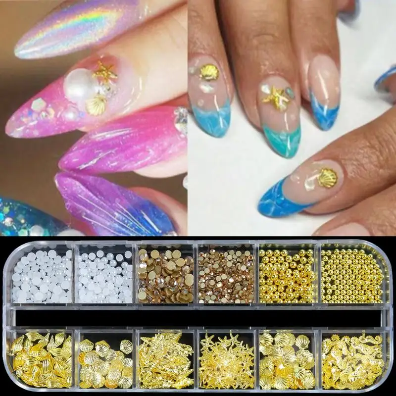 

6/12 Grids 3D Metal Shell Conch Pearl Nail Rivet Studs Decoration Gold Jewelry Nail Charms Alloy Metallic Manicure Accessories