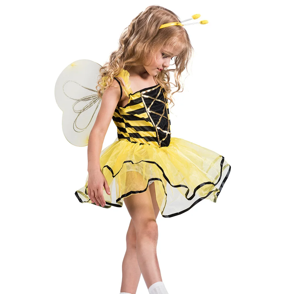 Girls Bumble Bee Costume Kids Bee Fairy Dress with Bee Antenna Headband and Bee Wings for Halloween, Party Dress Up Set