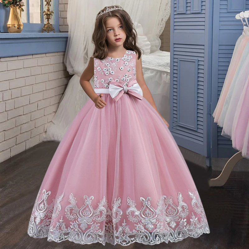 Girls Long Pink Wedding Dress Lace embroidered flower Party Tulle Princess Birthday Dress First Communion Gown for Girls