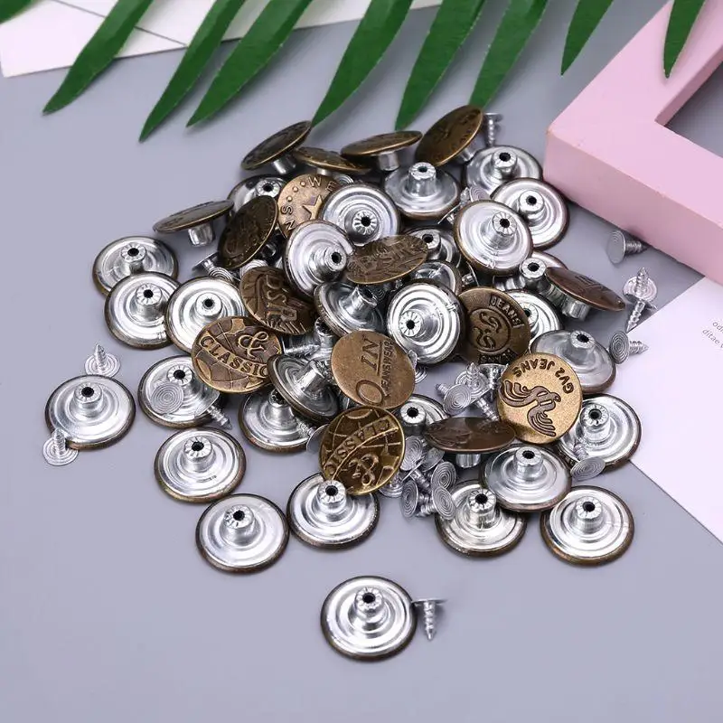 

K92D 50pcs Mixed Metal No Sew Replacement Repair Jean Pants Buttons 20mm DIY