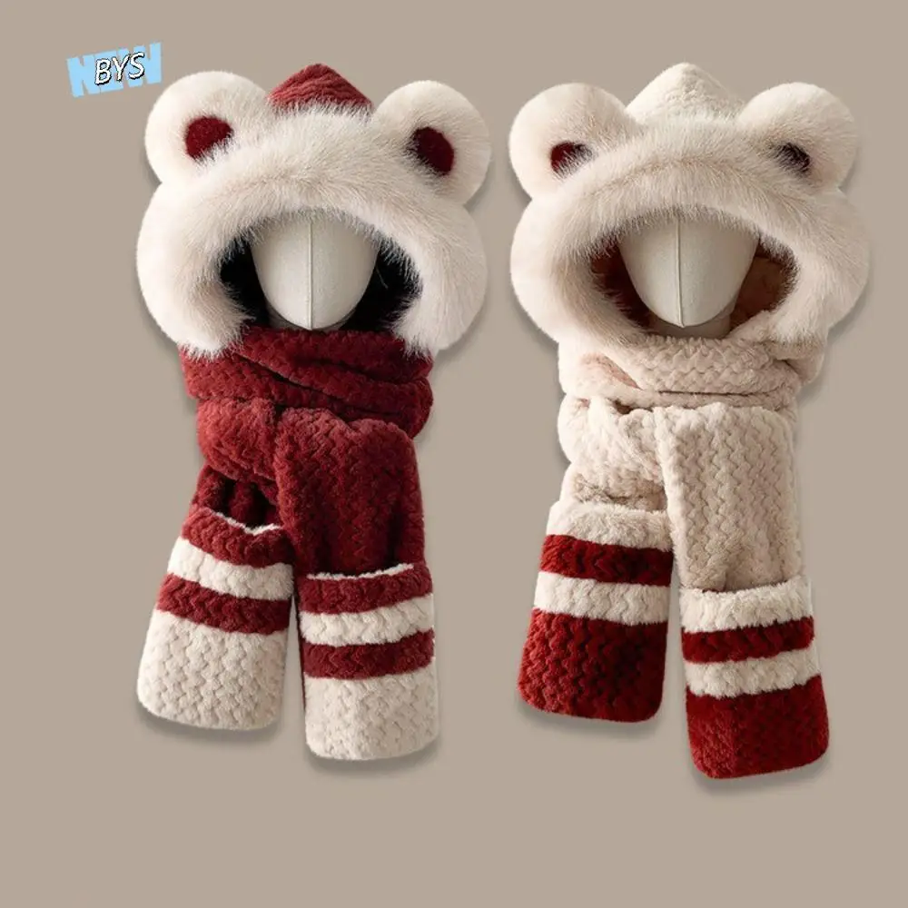 

High-Value Bear Protection Hat Soft Plush Pullover Integrated Cap Gloves Scarf Windproof Thickened Design Ear Protection Hat