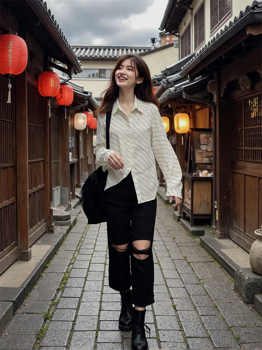 Loch Zerrissene Jeans Baggy Für Frau Denim Hosen Frauen Kleidung Herbst Satin Breitbeinig Arbeiten Pendeln Büro Professionelle Einfache