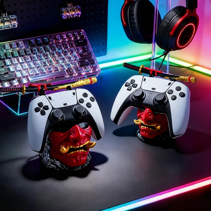 Cool Red Oni Mask Resin Game Controller Holder Samurai Sword Stand for PS5 Xbox Gaming Room Bedroom Desktop Tabletop Decoration view 4