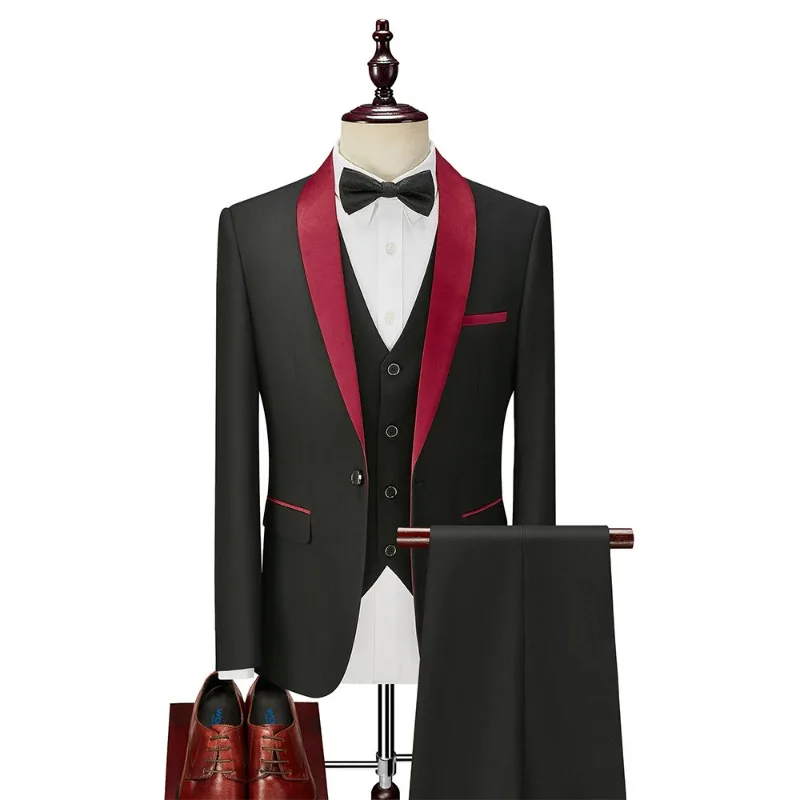 

KIDWHXR 3-piece Suit Set Men Patchwork Contrast Color Suit Coat Male Single-breasted Vest Straight-leg Pant Man Wedding Outfit