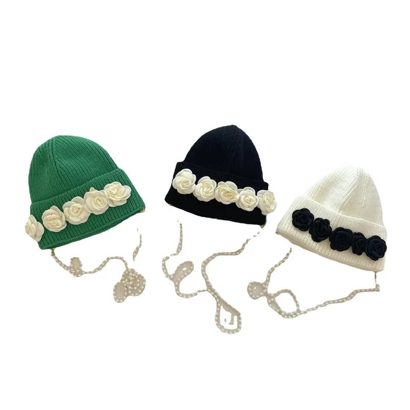 Franse Retro Kinderen Wol Hoed Chic Drie-Dimensionale Camellia Parel Hanger Beanie Hoed Koele Jongen Meisje Trui Cap