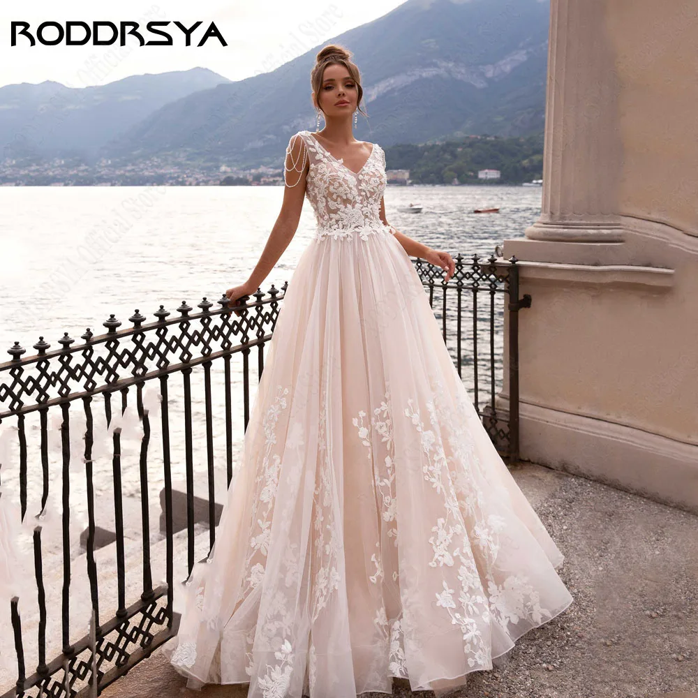 RODDRSYA Beach Sleeveless Wedding Dress For 2024 Bride A-Line Double V-Neck Applique Vestidos De Novia Custom Made Bridal Gowns