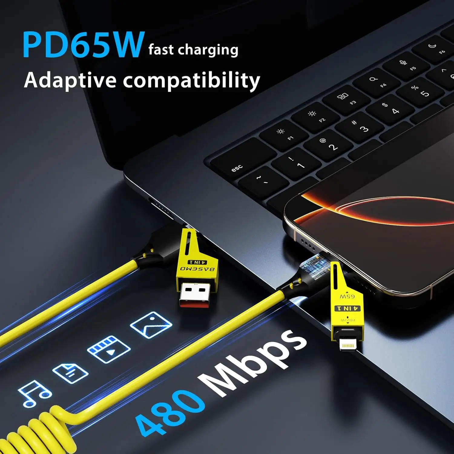 4 in 1 65W Spring Short Data Cable 6A USB Type C Spring Telescopic Quick Charger Wire Spring USB Cable for iPhone 15 14 13 12