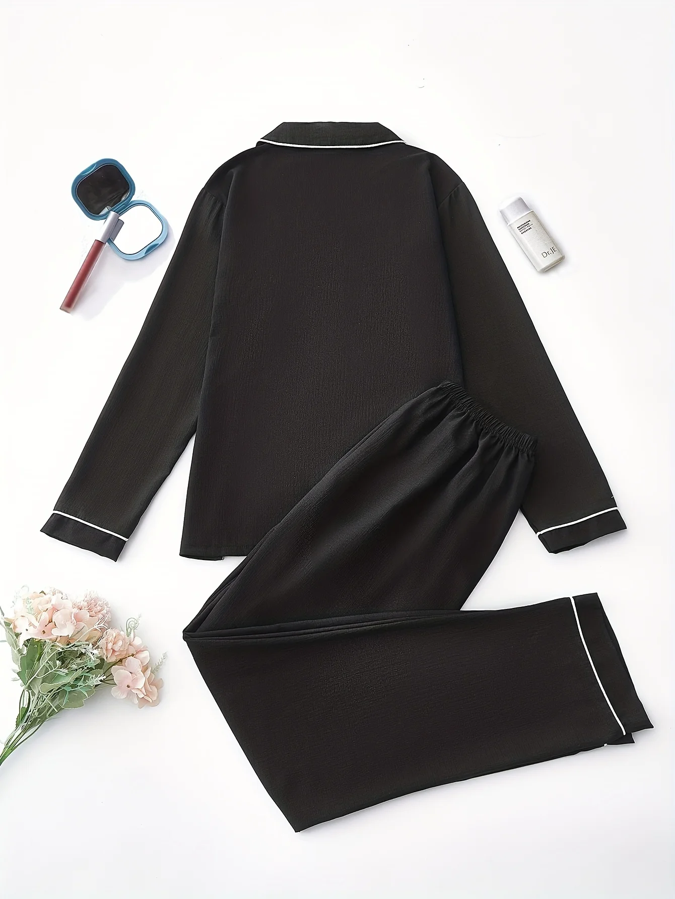 Women's Long Sleeve Pajama Set - Casual Solid Color Buttoned Pocket Top with Long Pants, Woven Polyester Adult Pajamas for Fall/