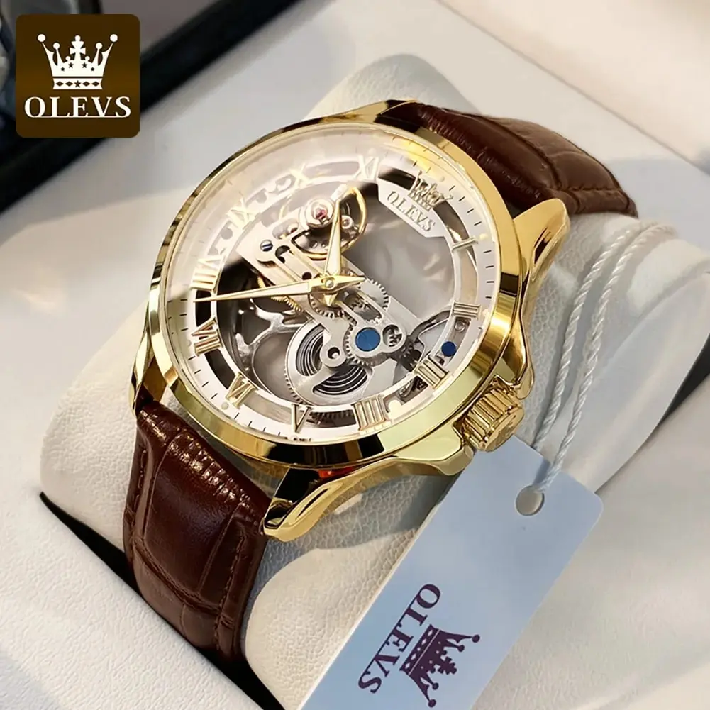 OLEVS 6661 Luxury Men\'s Automatic Mechanical Wrist Watch Leather Strap Fashion Fully Hollow Out Design Waterproof Watch for Men