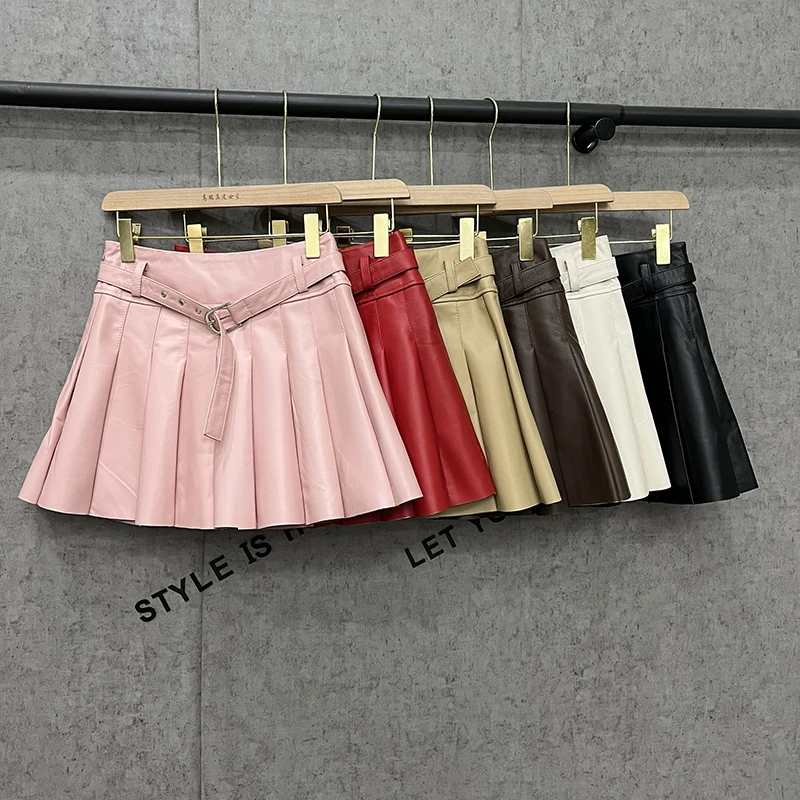 

2026 Spring Sheepskin Skirts for Women Fashion High Waist A-line Pleated Skirt With Belt Female Real Leather Mini Short Skirts
