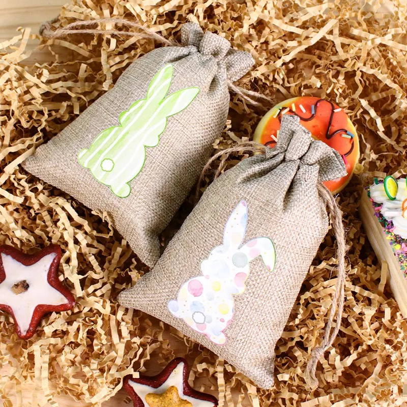 6pcs Easter Burlap Candy Bags Bunny Pattern Jute Linen Treat Gift Bags for Easter Kids Cookies Snack Pack Bags Party Decorations