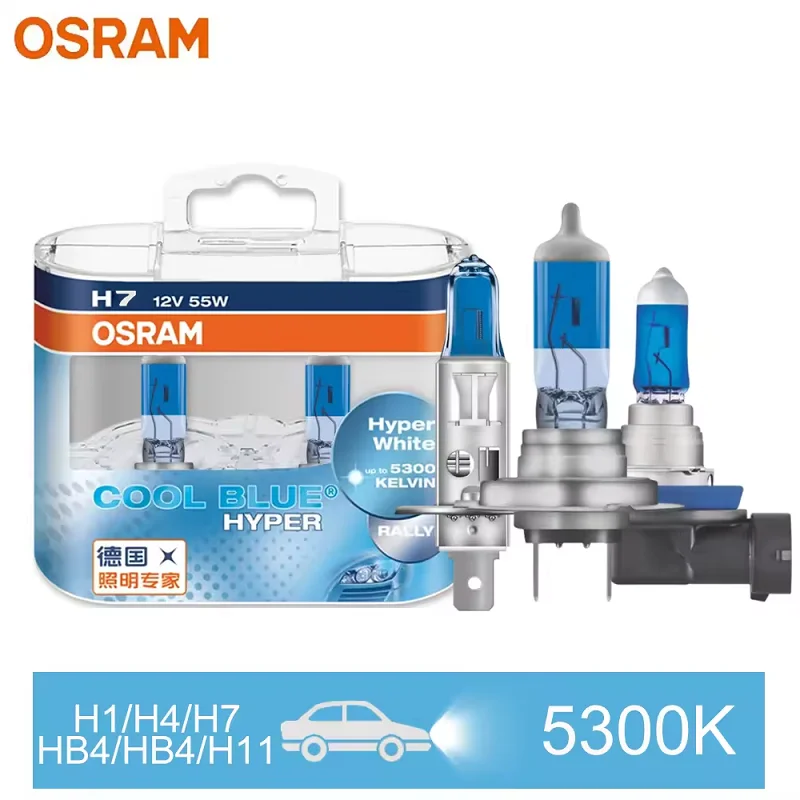 Lâmpada Halógena OSRAM H7 H4 H1 H11 HB3 9005 HB4 9006 para Farol Automotivo, Luz Alta/Baixa, 5300K 12V 55W, Branco Hiper Azul Frio (2 Peças)
