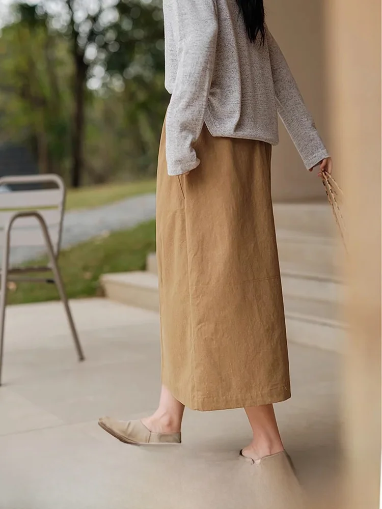 

Carbonized Waed Casual Cotton Midi Skirt Women's Faion Commute Sle ket Design A-Line Skirt mid Waist Cotton Fabric