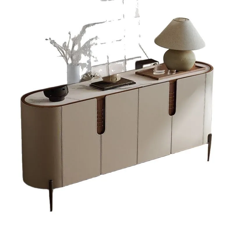 

dining side cabinet, modern simple light luxury saddle leather, Italian minimalist entry, living room storage bucket cabinet